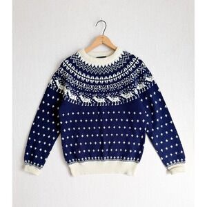 Vintage Christopher Rand Navy Blue Fair Isle Reindeer Nordic Knit Sweater Womens